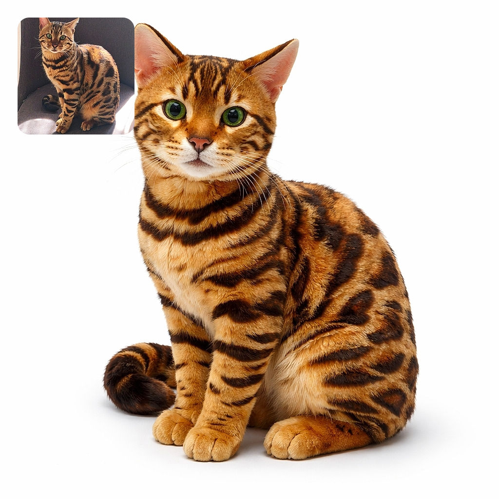 A striking Bengal cat with beautiful tiger-like stripes sits elegantly on a dark cushioned chair, basking in a patch of warm sunlight that highlights its glossy fur and intense green eyes, giving off an aura of feline royalty.
