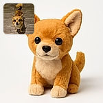 A small brown dog with big, soulful eyes looks up eagerly on a wooden floor, its tail mid-wag and ears perked, as if waiting for a treat or a friendly pat.