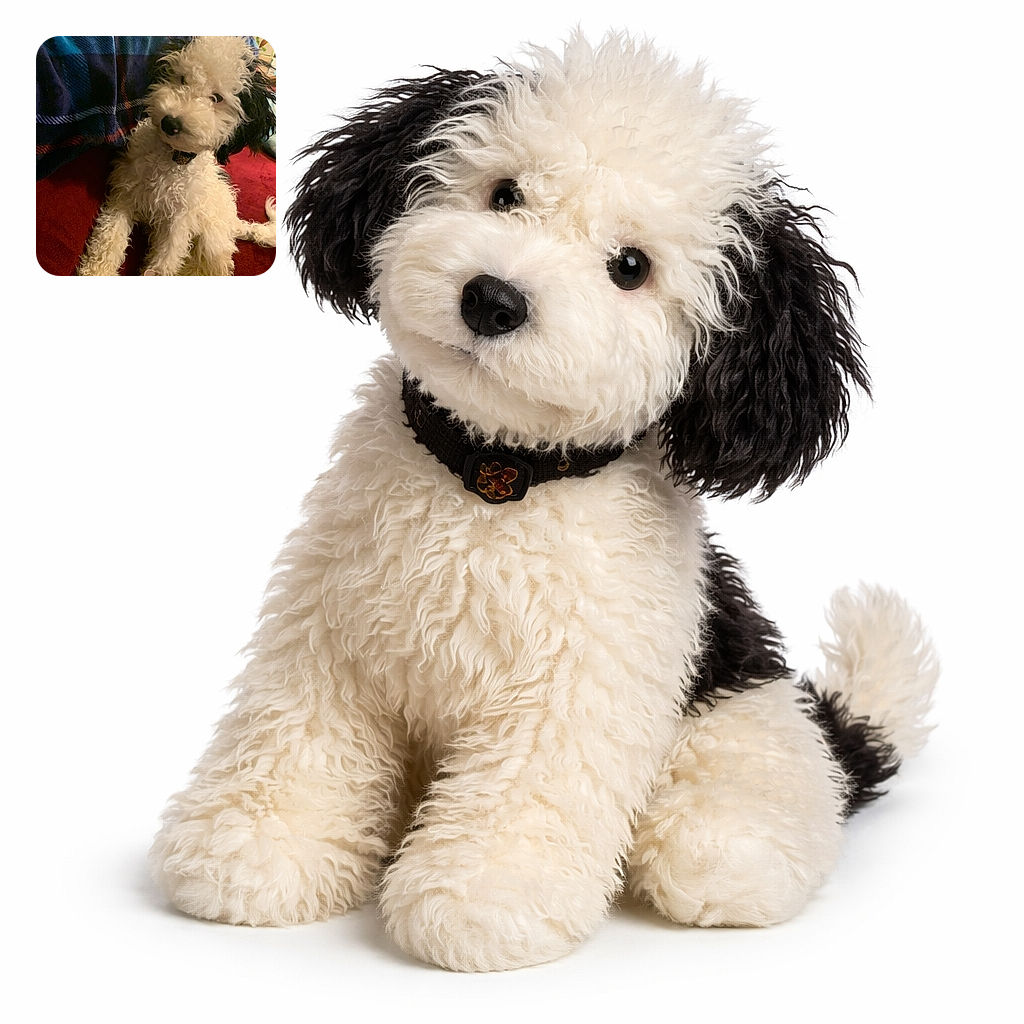 A fluffy black-and-white pup gives a suspicious side-eye from a cozy couch — its curly fur looks like someone forgot to comb a cloud.