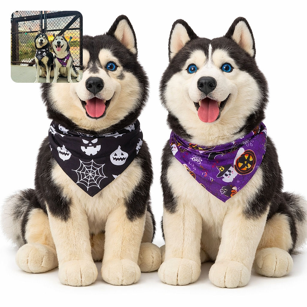 Two happy huskies sporting festive Halloween bandanas pose in front of a chain-link fence decorated with colorful locks during a picturesque sunset by the water. Their joyful expressions and the warm glow of the setting sun make this a heartwarming and festive outdoor moment.