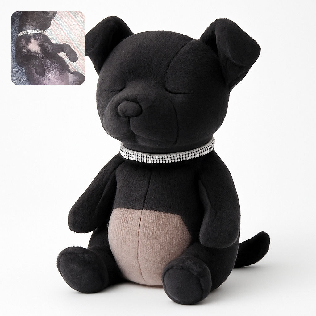 A tiny black puppy wearing a sparkly collar is lying on its back, looking super relaxed and comfy on a colorful striped blanket and denim fabric. Its little belly is exposed, making it look adorably vulnerable and sleepy.