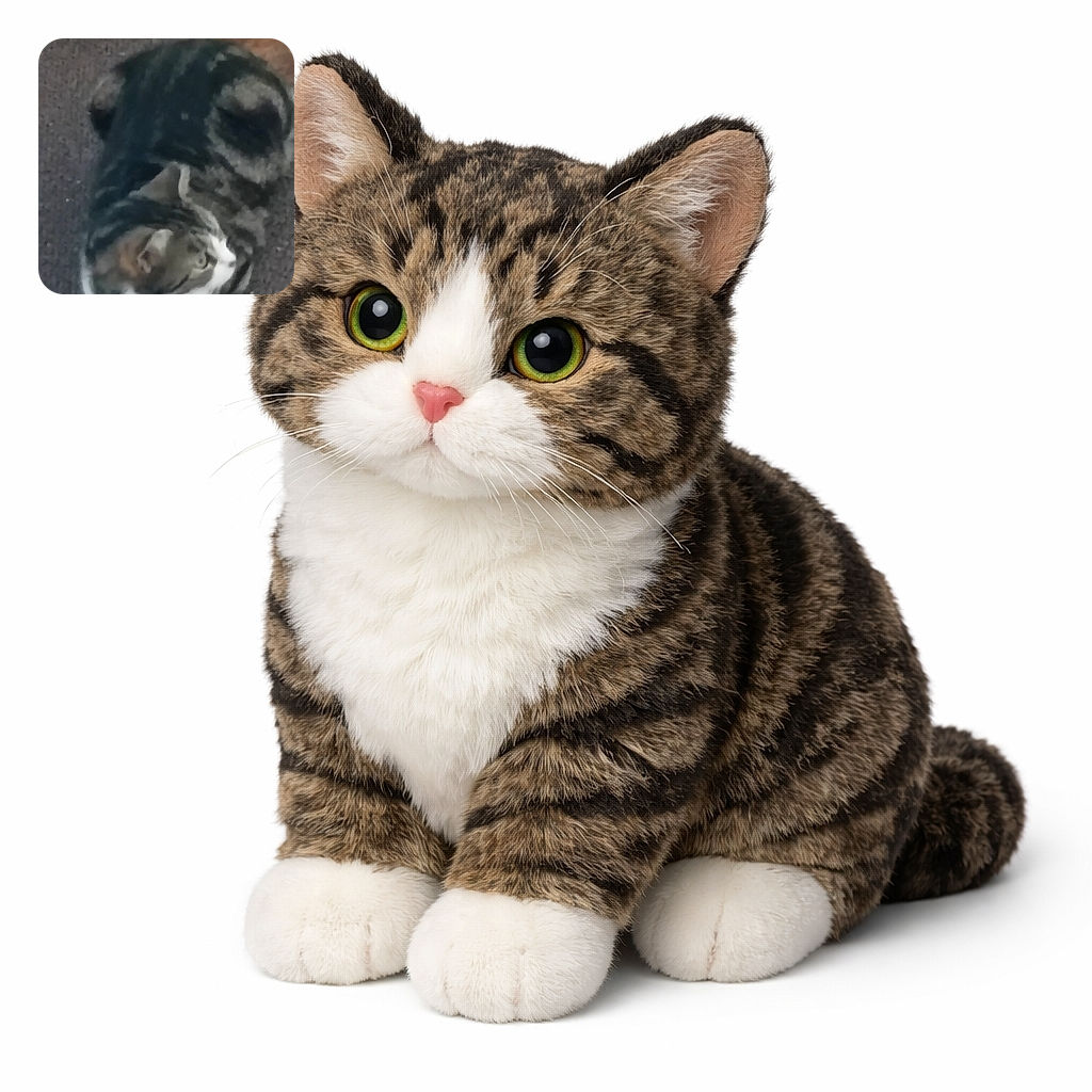 A cozy tabby curled into a tight donut on the carpet, giving the camera a curious side-eye — slightly blurry, very fluffy, and clearly plotting to steal your warm spot.