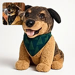 A happy dog wearing a festive bandana with tree patterns is sitting comfortably on a patterned couch. A hand gently pets the dog, and the background features wooden furniture and framed pictures, giving a cozy home vibe.