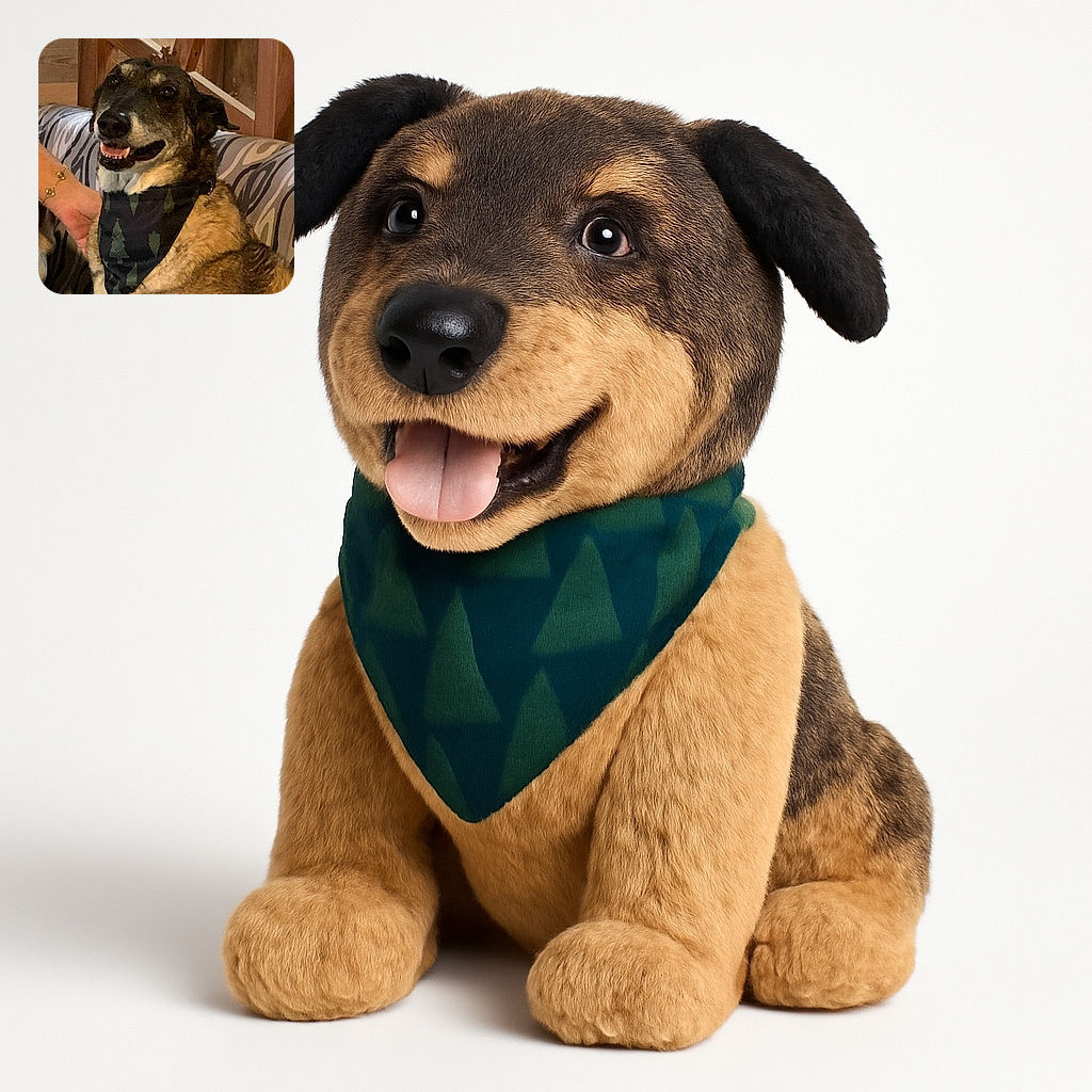 A happy dog wearing a festive bandana with tree patterns is sitting comfortably on a patterned couch. A hand gently pets the dog, and the background features wooden furniture and framed pictures, giving a cozy home vibe.