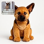 A serious-looking dog sits at the top of a tiled staircase, gazing intently downwards as if guarding the realm of stairs with unwavering dedication.