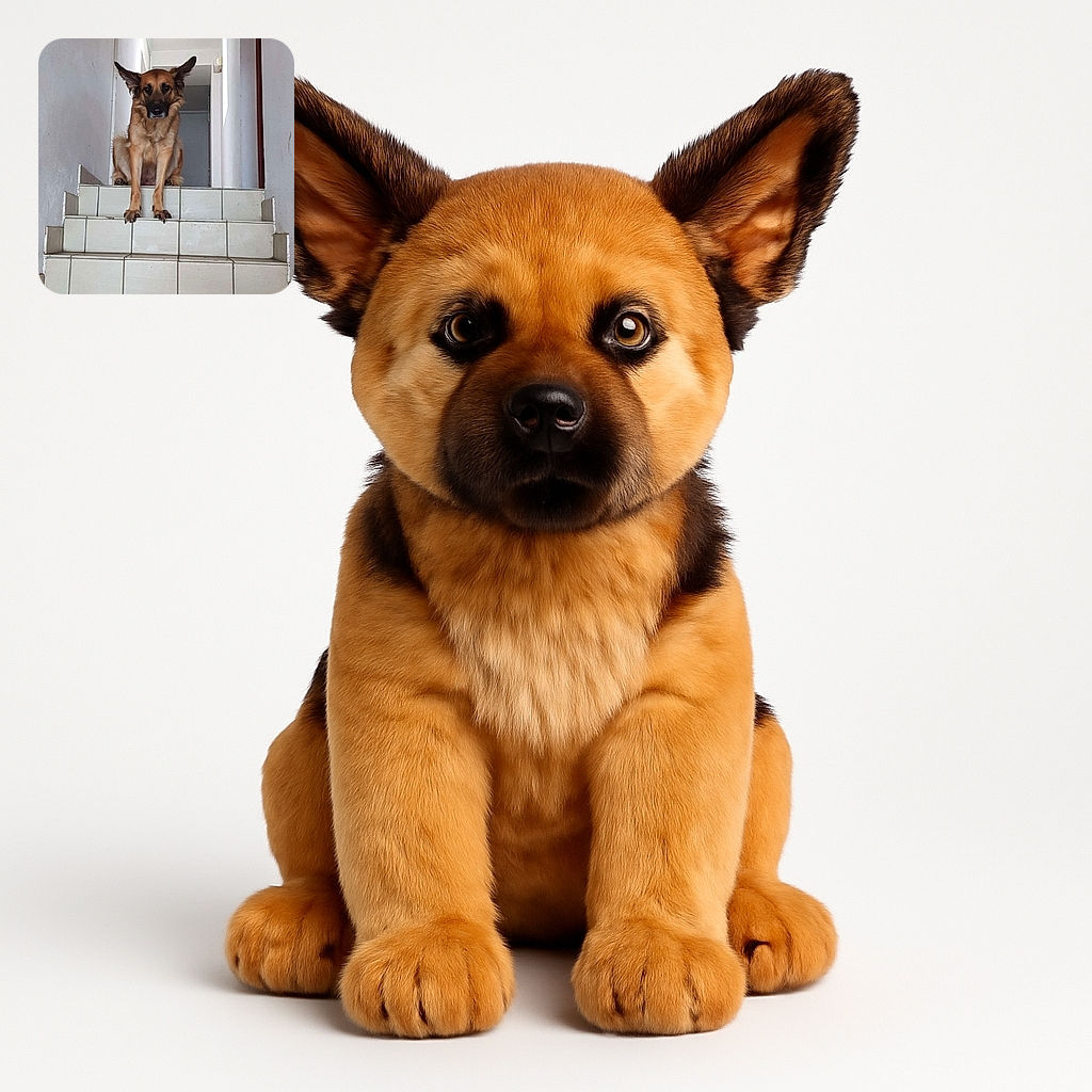 A serious-looking dog sits at the top of a tiled staircase, gazing intently downwards as if guarding the realm of stairs with unwavering dedication.