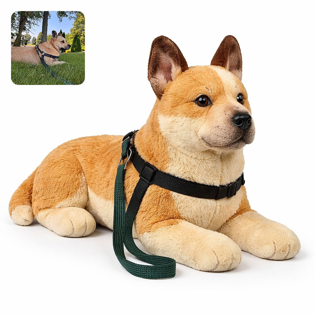 A dignified, slightly damp dog in a harness lounges like a park monarch—alert ears, serene stare toward the horizon, and a leash trailing like a royal sash while the pond and trees applaud quietly.