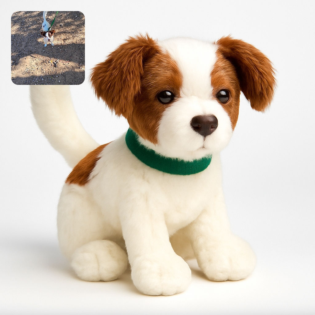 A small dog with white and brown fur looks up with a curious expression, standing on a rocky dirt ground with shadows cast around. The green leash adds a pop of color and hints at an outdoor walk adventure.