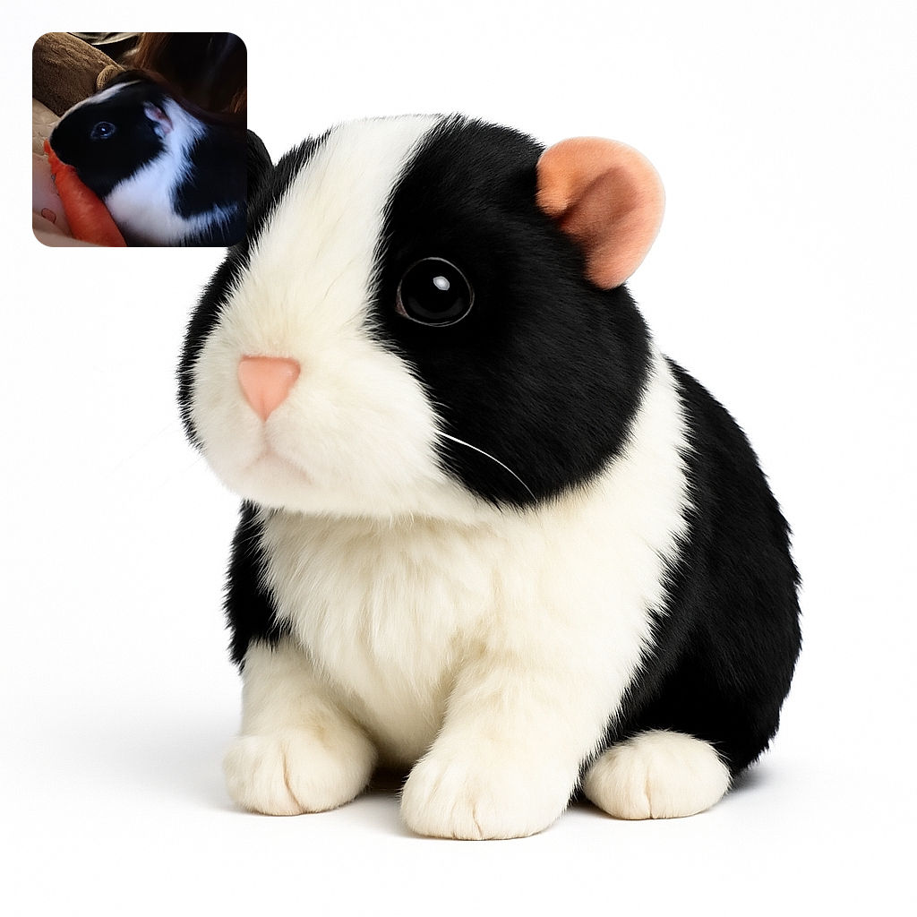 A close-up photo of a black and white guinea pig nibbling on a large orange carrot, with a soft background of a brown blanket and some indistinct shapes. The image is slightly blurry and dimly lit, giving it a cozy but unpolished feel.