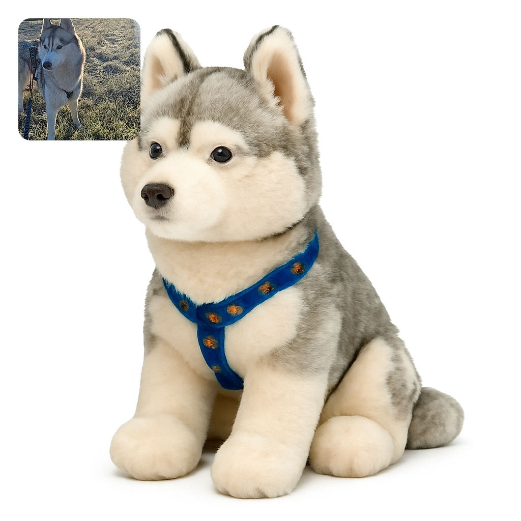 A majestic husky stands alert in a frosty field with the sun shining brightly behind a large, leafless tree. The dog's fur glows softly in the morning light, and the peaceful winter landscape adds a serene backdrop to this chilly adventure.