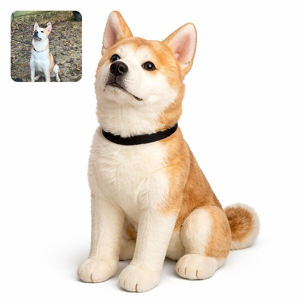 A fluffy, attentive dog sits on a leaf-strewn yard staring up expectantly like it smelled a treat — wearing a collar and leash with a small soccer ball and a black bucket behind it. The scene is outdoors by a low fence and mossy wall, scattered autumn leaves and gravel underfoot, and a boot/hand just visible at the edge suggesting a handler.