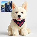 A fluffy white dog, possibly a Swiss Shepherd, is front and center with a curious and friendly expression. The background shows a serene outdoor setting with a pool, wooden deck, and green trees under a clear blue sky, creating a peaceful and natural vibe.