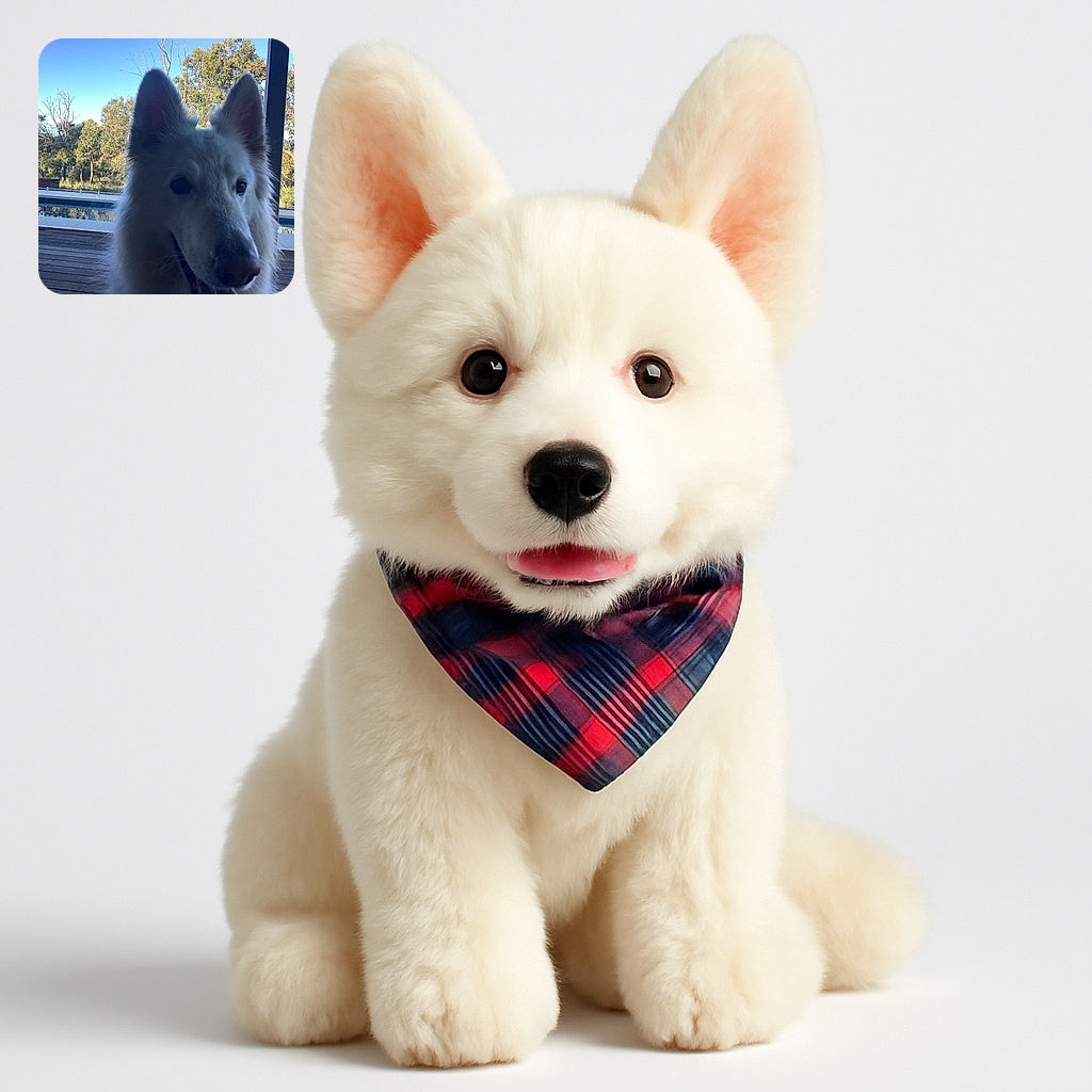 A fluffy white dog, possibly a Swiss Shepherd, is front and center with a curious and friendly expression. The background shows a serene outdoor setting with a pool, wooden deck, and green trees under a clear blue sky, creating a peaceful and natural vibe.