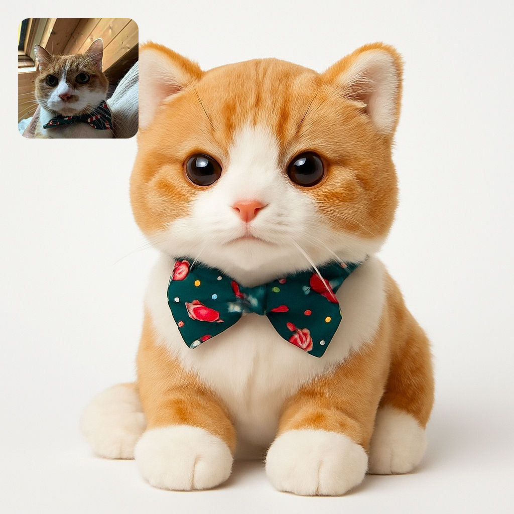 A charming orange and white cat wearing a festive candy cane patterned bow tie, being held gently indoors with wooden walls and soft lighting, giving off a cozy holiday vibe.