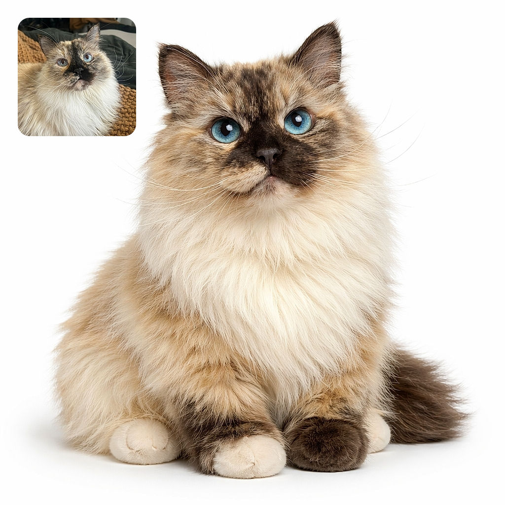 A fluffy cat with striking blue eyes stares curiously at the camera while lounging on a cozy knitted blanket, with a softly blurred background adding to the warm and relaxed vibe.