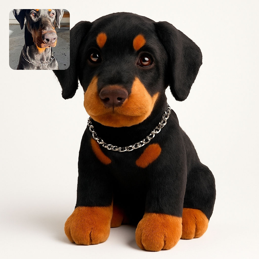 A majestic Doberman sits patiently, bathed in sunlight that highlights its shiny black and tan coat, with a silver chain collar adding a touch of elegance to this noble canine portrait.