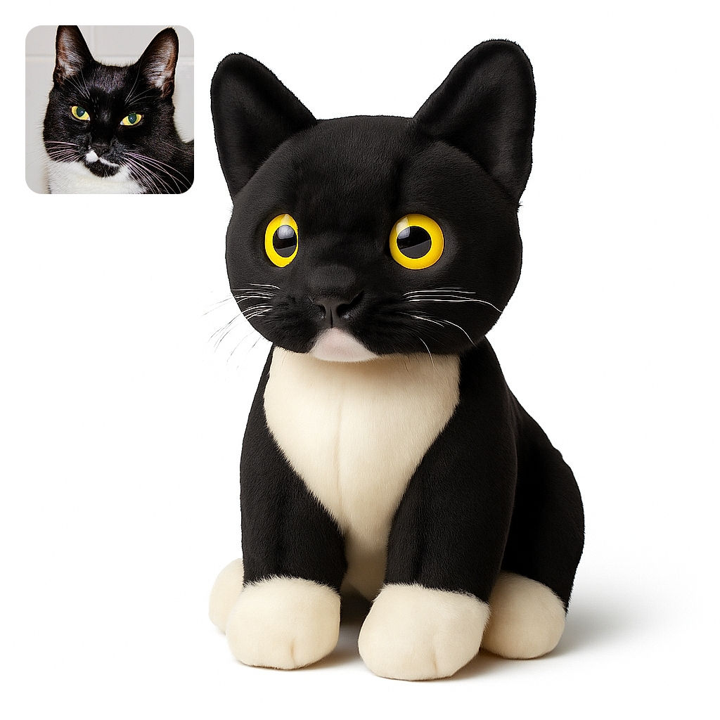 A close-up photo of a black and white cat with striking yellow-green eyes staring directly at the camera, showcasing its shiny fur and long white whiskers against a plain light background.