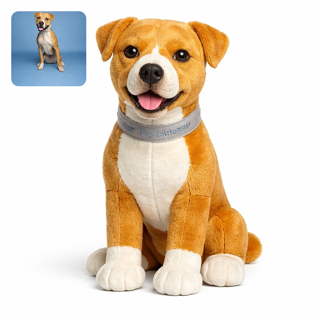 A happy dog with a tan and white coat sits obediently on a smooth blue backdrop, tongue out and ears perked, looking ready for a treat or a belly rub.