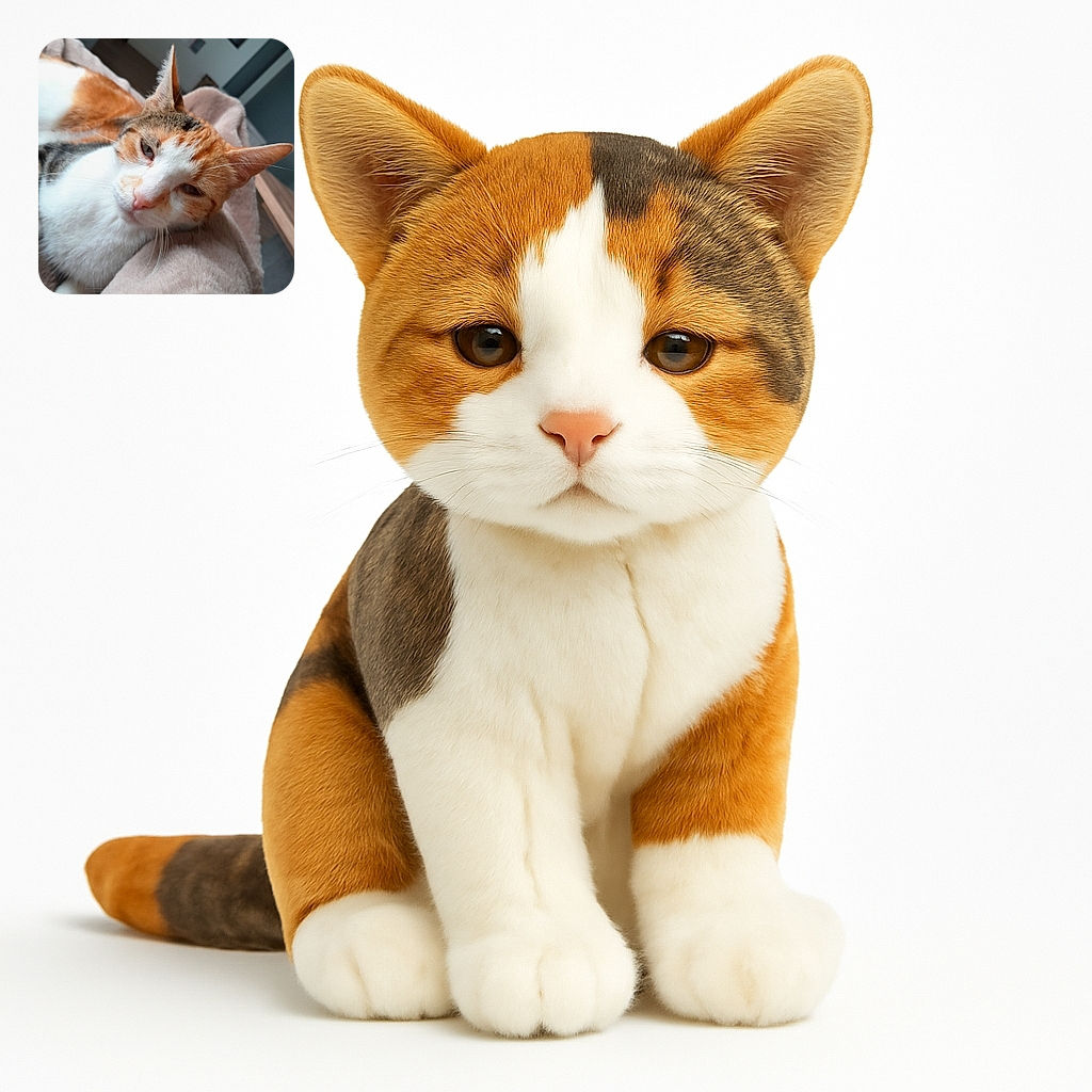 A close-up photo of a sleepy calico cat lounging comfortably on a soft beige blanket, with a cozy indoor background featuring a TV and some furniture slightly blurred out.