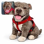 A joyful pitbull monopolizes the backseat — nose and grin filling the frame, tongue lolling out and amber eyes sparkling in sunlight through the car window. Wearing a bright red harness, the dog looks like it just heard the magic word 'park' while the city and upholstery blur politely in the background.