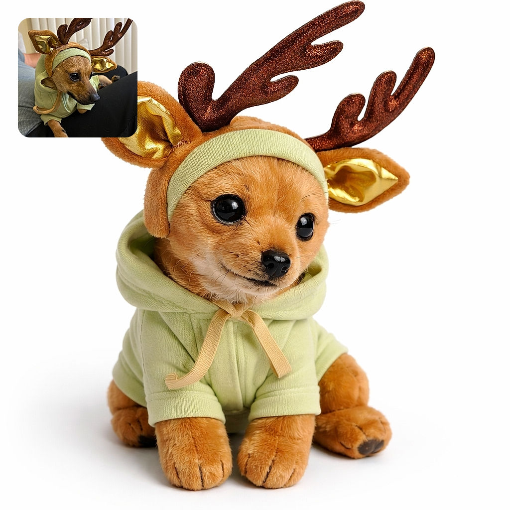 A tiny dog dressed as a festive reindeer with shiny antlers and a cozy green hoodie, perched on someone's lap looking adorably contemplative, ready to sleigh the holiday cuteness game.