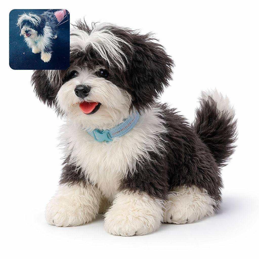 A fluffy black-and-white pup with a rockstar fringe and tongue out, standing on a dark carpet in front of a giant pink plush — looks like it just finished nailing a paw-solo and is ready for treats.