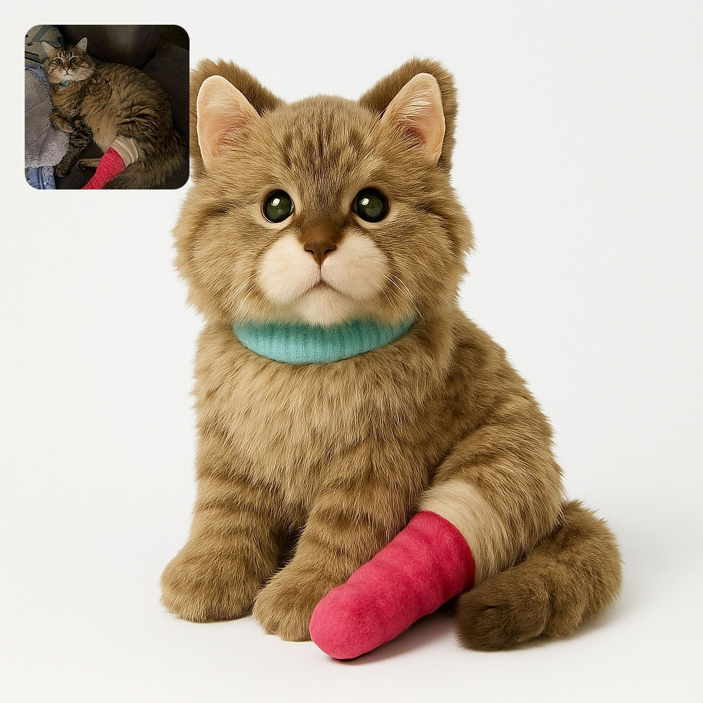 A fluffy tabby cat lounges on a couch, looking wide-eyed and slightly startled, while sporting a bright pink cast on its hind leg, surrounded by cozy blankets and cushions.