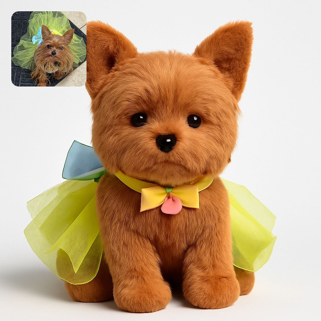 A small, scruffy dog with big ears and shiny eyes is dressed in a bright yellow tutu with a blue bow, sitting adorably on a textured black mat next to a tiled floor, looking up with a hint of tongue peeking out.