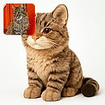A fluffy tabby cat with striking green eyes poses gracefully against a warm orange wooden background, looking off to the side as if pondering the mysteries of the universe or the next meal.
