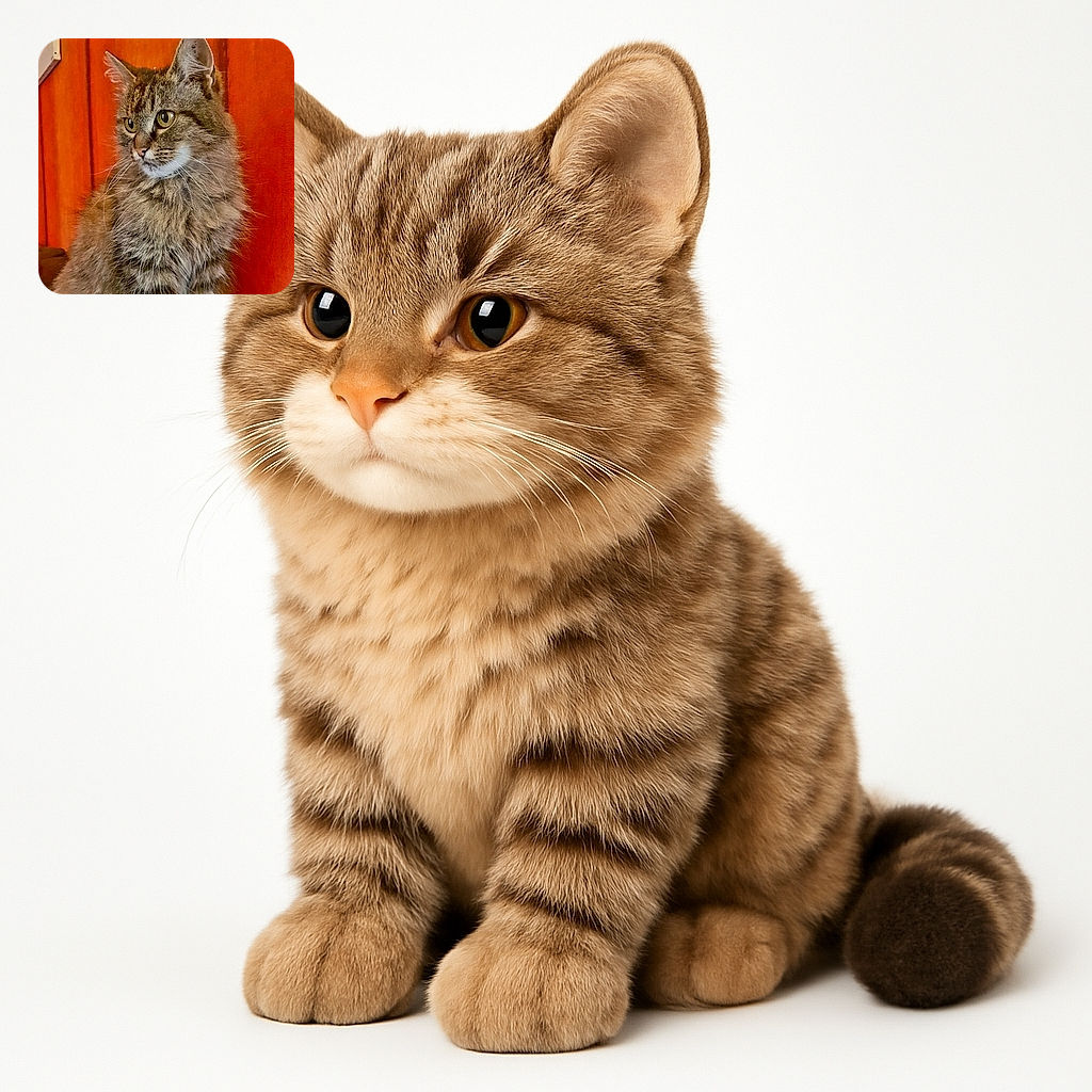 A fluffy tabby cat with striking green eyes poses gracefully against a warm orange wooden background, looking off to the side as if pondering the mysteries of the universe or the next meal.