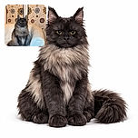 A majestic fluffy cat with a smoky gray and black coat sits regally on a white leather armchair, against a backdrop of a colorful, patterned curtain that looks like a royal tapestry. The cat's intense gaze and luxurious fur make it look like the ruler of this cozy kingdom.