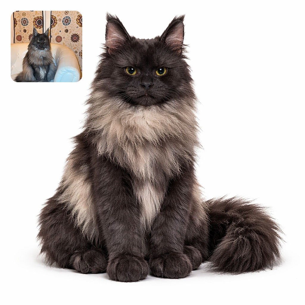 A majestic fluffy cat with a smoky gray and black coat sits regally on a white leather armchair, against a backdrop of a colorful, patterned curtain that looks like a royal tapestry. The cat's intense gaze and luxurious fur make it look like the ruler of this cozy kingdom.