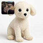 A small, curly-haired white dog sits attentively on a dark purple blanket in a cozy living room filled with eclectic furniture and a large TV screen displaying a streaming service menu and thumbnails of shows.