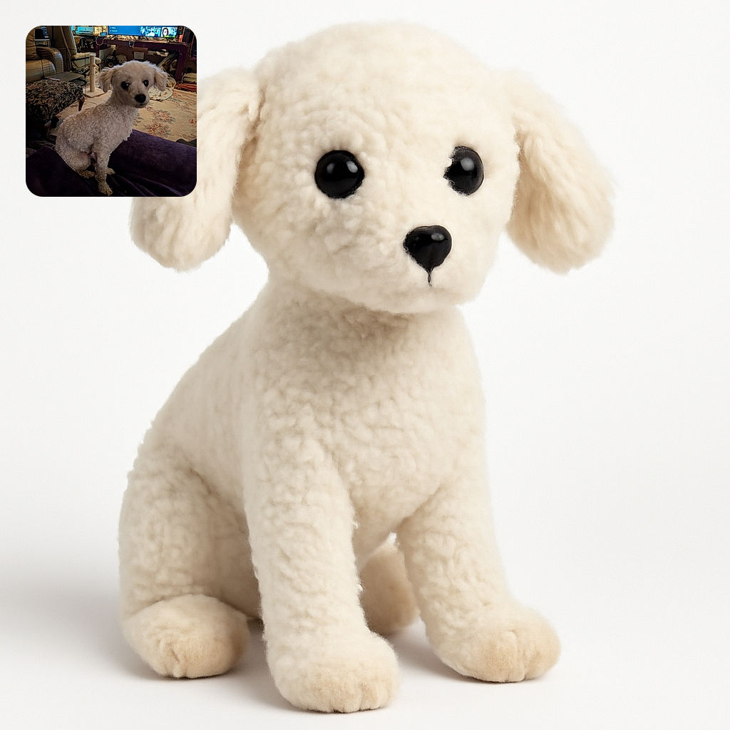 A small, curly-haired white dog sits attentively on a dark purple blanket in a cozy living room filled with eclectic furniture and a large TV screen displaying a streaming service menu and thumbnails of shows.