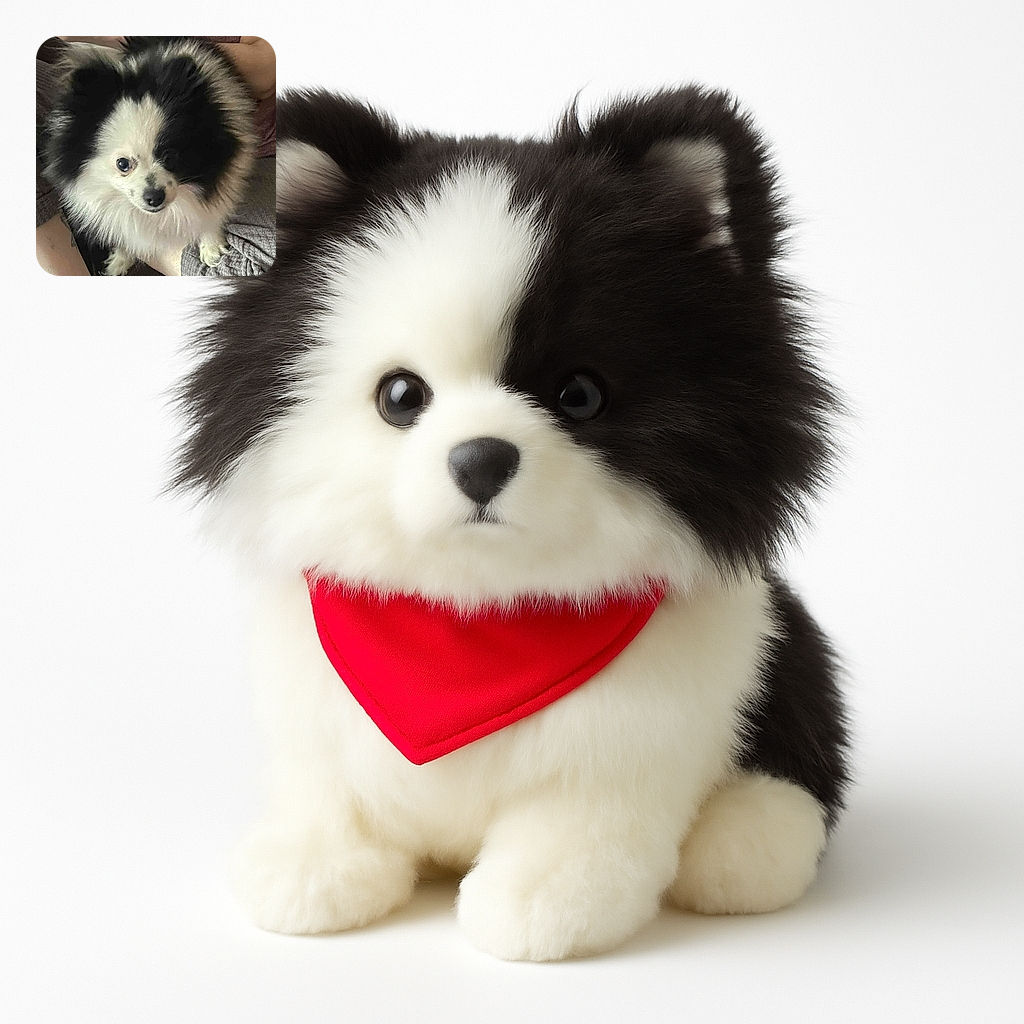 A fluffy black and white Pomeranian dog looks up with curious eyes while sitting on a person's lap, surrounded by cozy indoor textures and casual attire.
