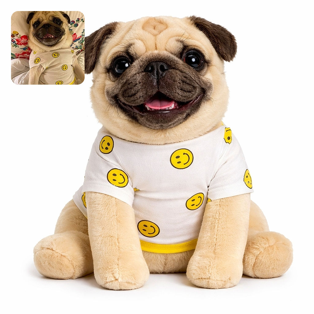 A happy pug dressed in a white shirt with yellow smiley faces lies on a floral pillow and white blanket, flashing a big grin that could brighten anyone's day.