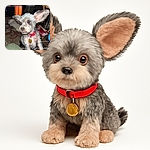 A curious little dog with big ears and a red collar looks intently off-camera, standing on its hind legs. The background is a cozy but cluttered indoor space with a heater glowing orange and various household items scattered around. The photo includes visible TikTok watermarks with usernames, adding a social media vibe.