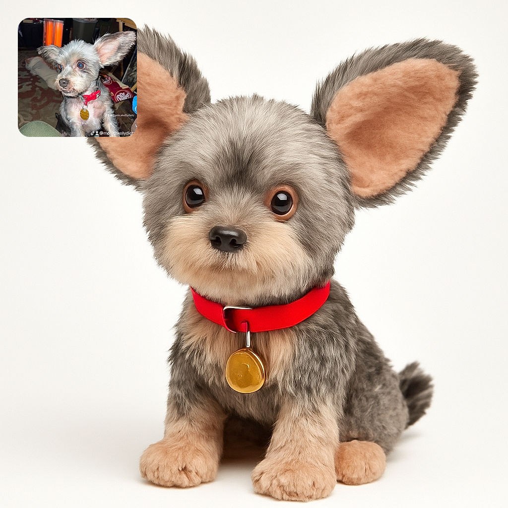 A curious little dog with big ears and a red collar looks intently off-camera, standing on its hind legs. The background is a cozy but cluttered indoor space with a heater glowing orange and various household items scattered around. The photo includes visible TikTok watermarks with usernames, adding a social media vibe.