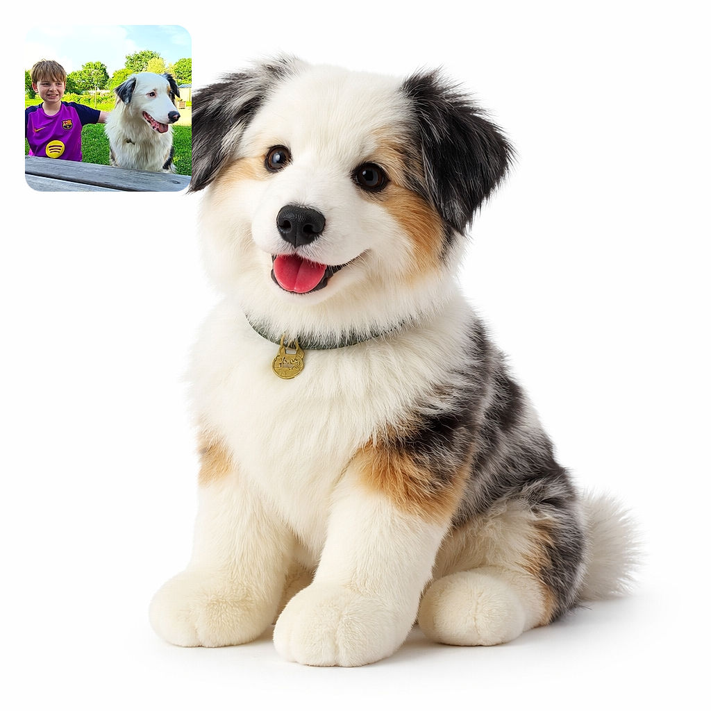 A cheerful boy in a bright purple sports jersey sits outdoors next to a fluffy white and black dog, both looking off to the side with happy expressions on a sunny day with lush green trees in the background.