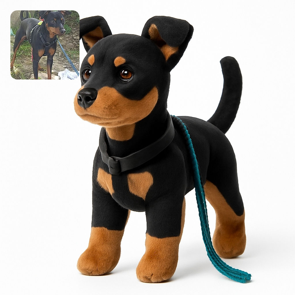 A sleek black and tan dog stands alert on a rocky, grassy patch outdoors, wearing a harness and leash, with a curious and attentive expression as if ready for an adventure.