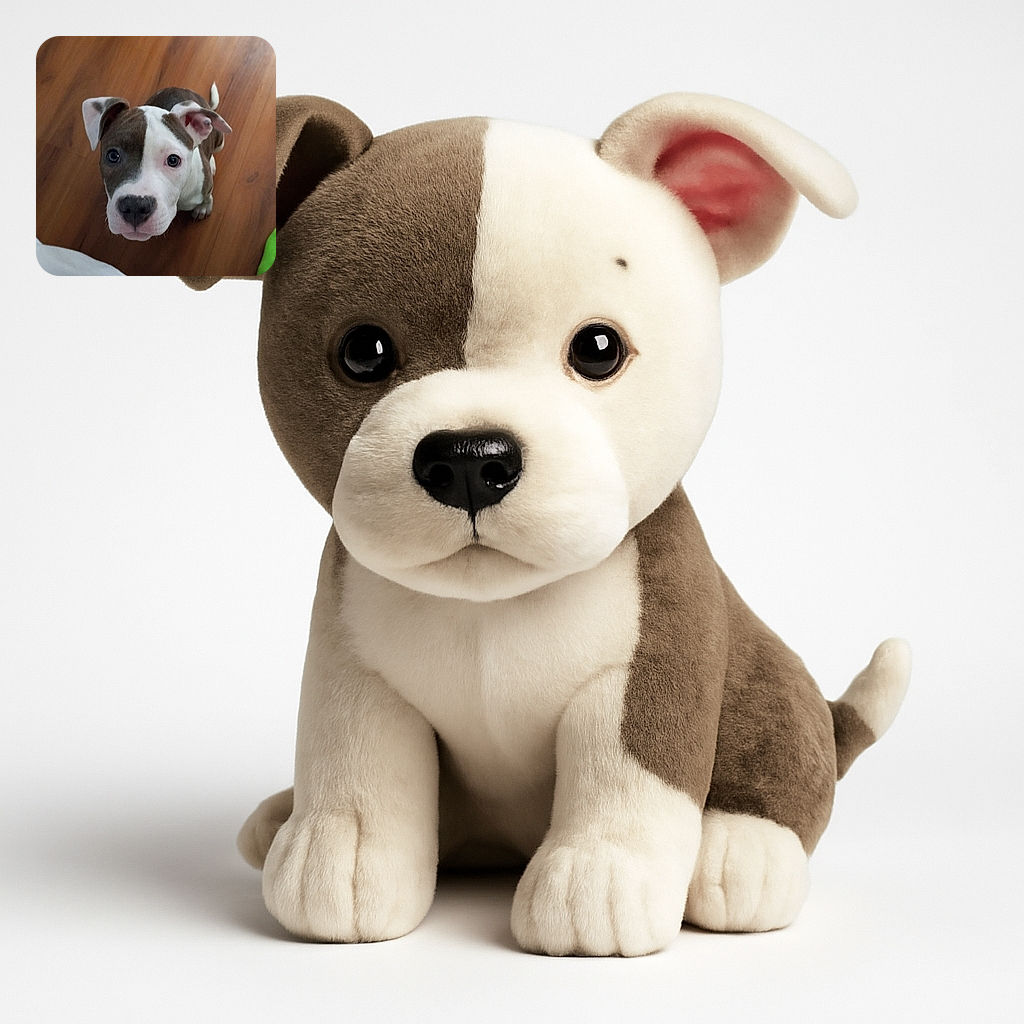 A curious puppy with a striking half-white, half-brown face looks up with big, soulful eyes, sitting on a wooden floor with a hint of a green object at the corner.