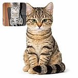 A cute tabby cat sitting upright on a gray couch, looking slightly pensive with its tail wrapped neatly around its paws, set against a wooden paneled wall background.