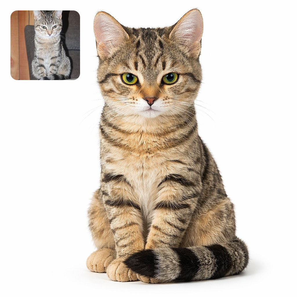 A cute tabby cat sitting upright on a gray couch, looking slightly pensive with its tail wrapped neatly around its paws, set against a wooden paneled wall background.