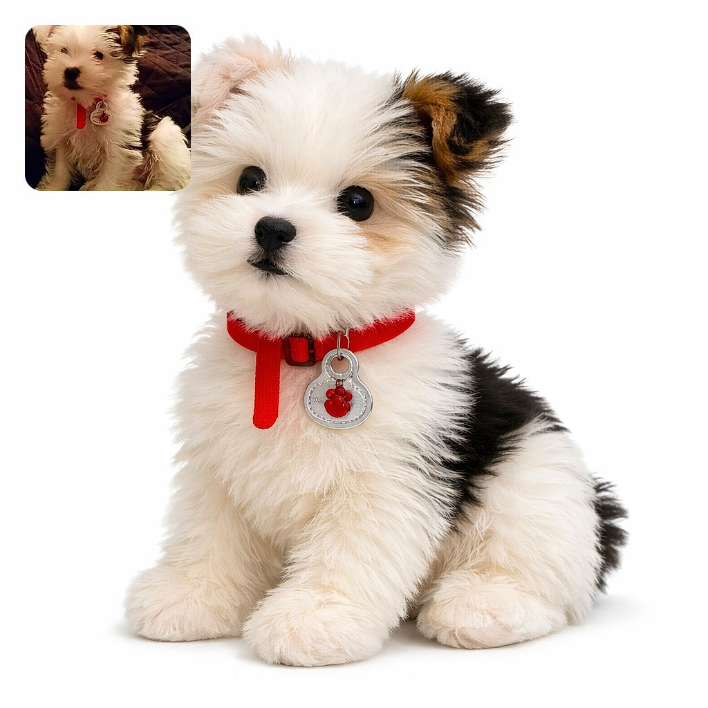 A scruffy little white puppy with a red collar and jangly tag stares at the camera like it owns the couch — fur delightfully tousled, one ear flopped, perched on a dark quilt and radiating maximum cute mischief.