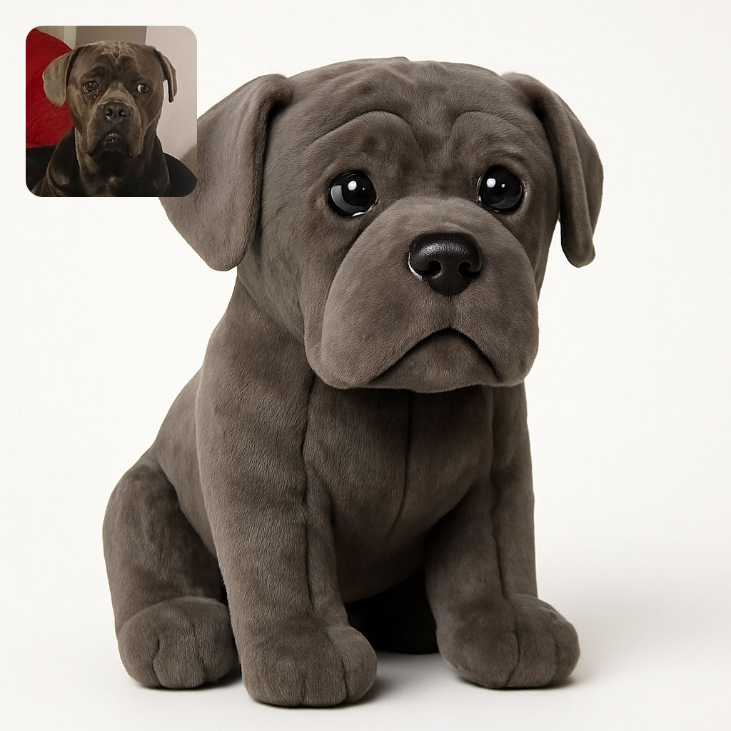 A serious-looking dog, possibly a Cane Corso or similar breed, gazes intently at the camera with soulful eyes. The background features a red cushion and neutral walls, giving a cozy indoor vibe. The photo is slightly soft in focus but captures the dog's expressive face well.
