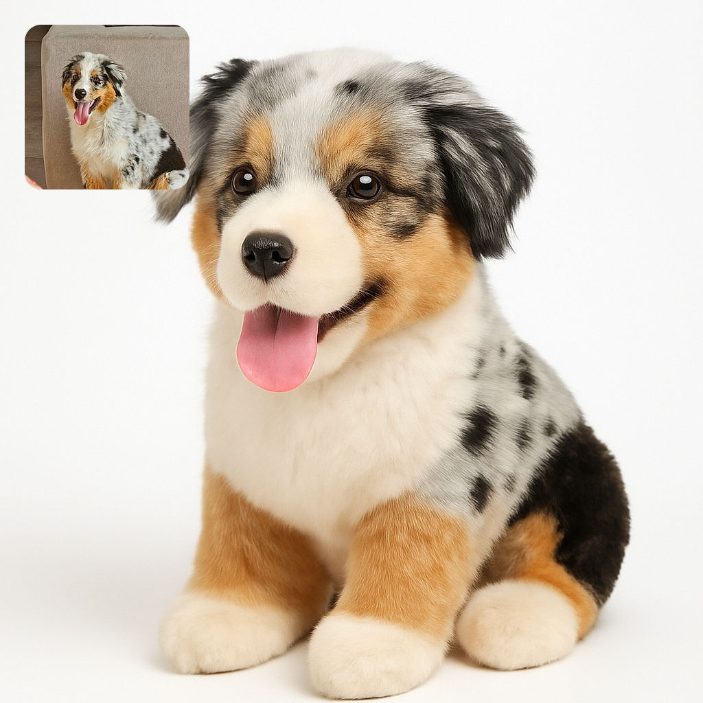 A fluffy Australian Shepherd puppy with a happy, tongue-out expression sits next to a beige couch in a cozy indoor setting. The photo is sharp and well-lit, capturing the dog's adorable spotted fur and joyful mood. The text 'Galaxy S23 Ultra' is clearly overlaid in the bottom left corner.