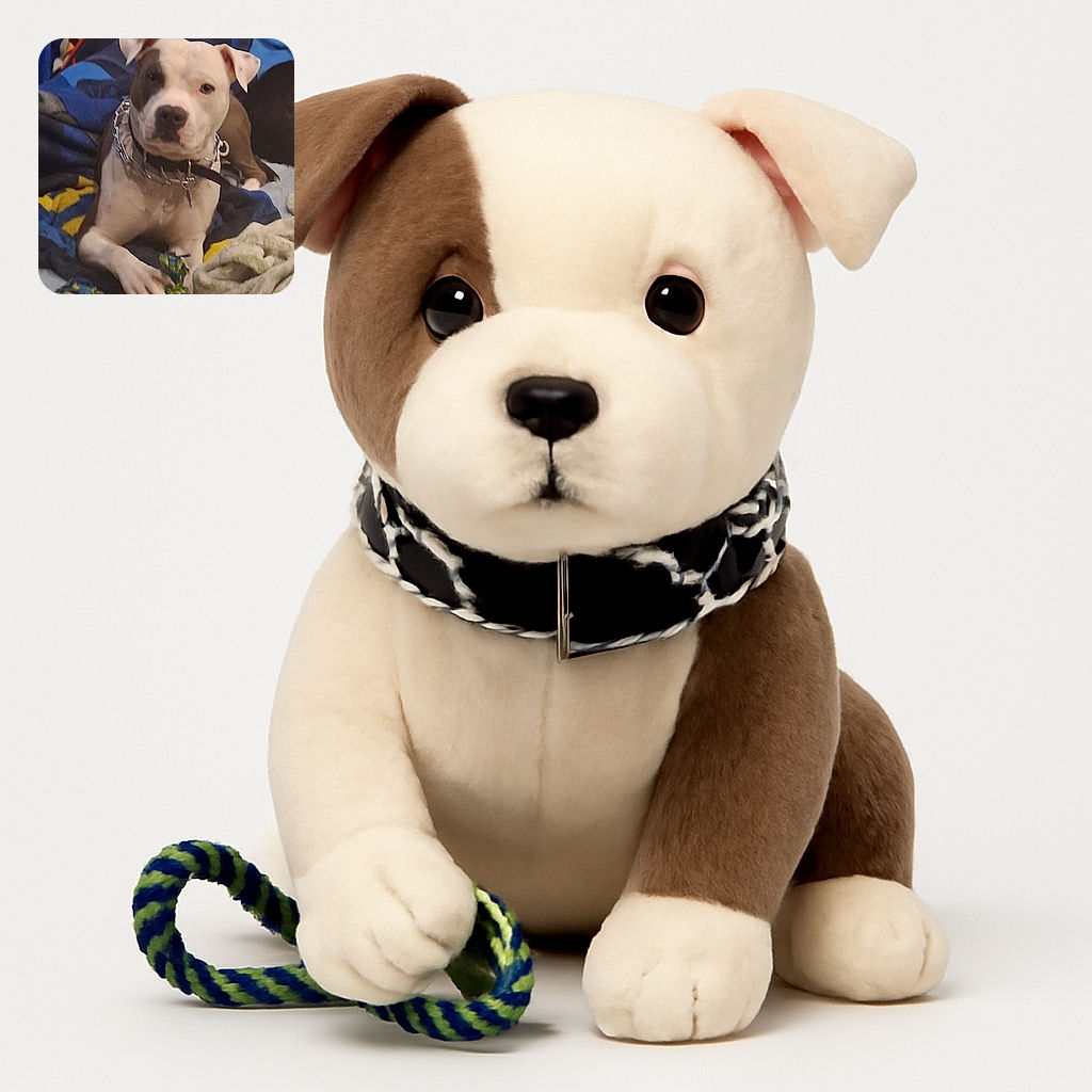 A charming dog with a spiked collar lounges on a cozy bed filled with colorful blankets, gripping a green and blue rope toy with its paw, looking straight at the camera with a calm and serious expression.