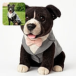 A dapper dog wearing a gray tuxedo with a pink bow tie sits proudly on the grass, looking happy and ready for a formal event in a lush garden setting.