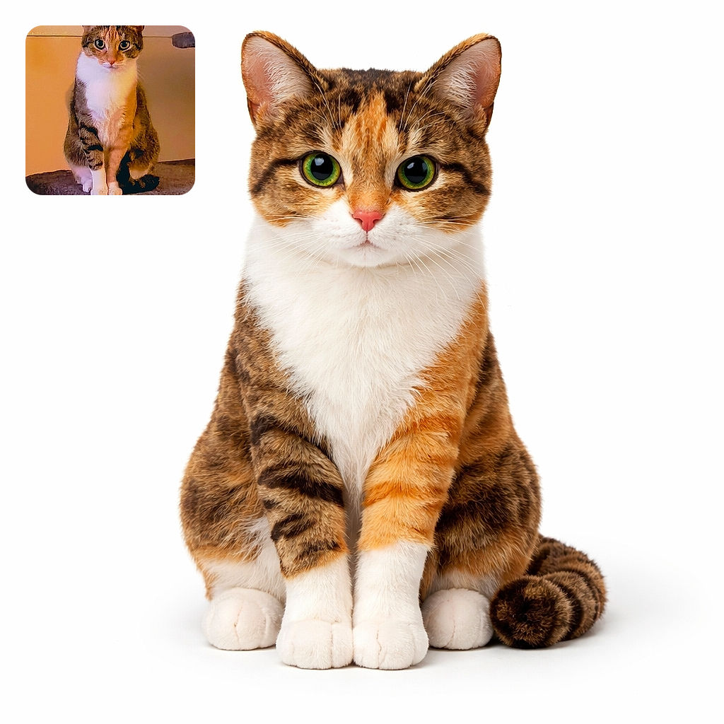 A dignified tabby cat perches like a tiny monarch on a plush platform, staring straight at the camera with enormous, hypnotic eyes — clearly judging your life choices while demanding snacks and attention.