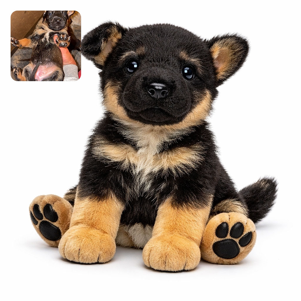 A tiny puppy is being held up by a hand, looking adorably curious with its paws stretched out. The background is a cozy indoor setting with soft textures, and the puppy's shiny fur and pink belly are clearly visible.